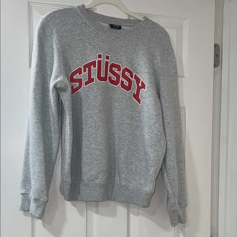 Stussy Heather Gray Crewneck with Red Logo